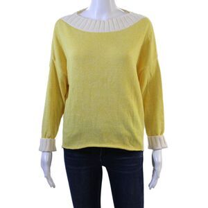 Kash Womens 3/4 Sleeve Scoop Neck Sweater Yellow White Cotton Size IT 40
